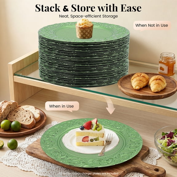 Charger Plates Set of 100, Green Patterned Round Bulk Decorative Charger Plates, Reusable Plastic Disposable Serving Plates for Wedding Halloween Party Picnics