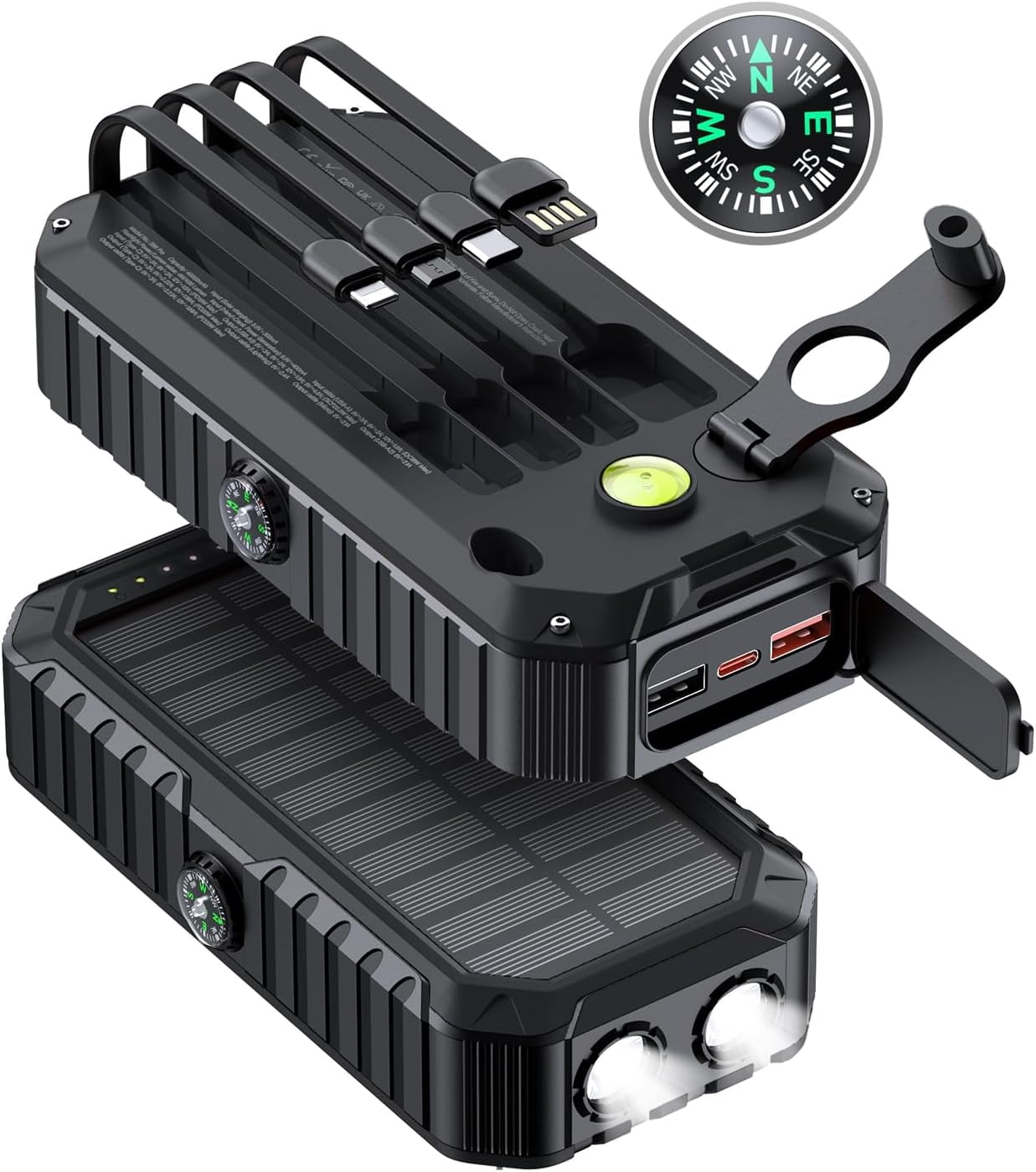 49800mAh Solar Power Bank With 4 Built-in Cables & Wireless Charging - 22.5W Fast, Dual Flashlight, Compass