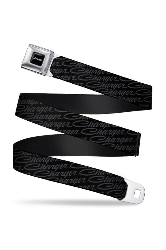 Script Emblem Corner Full Color Black Silver Fade White Charger Seatbelt Belt