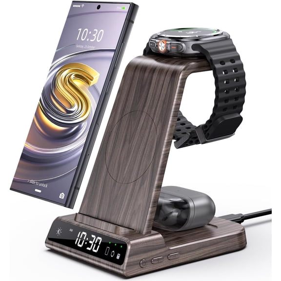 Charger for Station: 3 in 1 Android Stand with Dimmable Clock - Nightstand Organizer for Galaxy S25 Ultra, Galaxy Watch 8 7 6 5 4, Galaxy Buds (Not for iWatch)