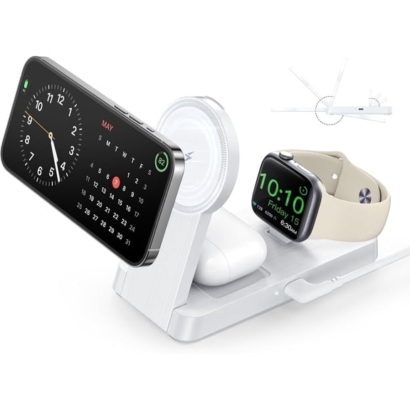 ETEPEHI 3 in 1 Charging Station - 2026 Foldable Wireless Charger Compatible for iPhone 17/16/15/14/13/12 Plus Pro Max, iWatch & AirPods, White