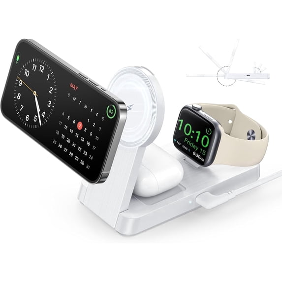 ETEPEHI 3 in 1 Charging Station - 2026 Foldable Wireless Charger Compatible for iPhone 17/16/15/14/13/12 Plus Pro Max, iWatch & AirPods, White
