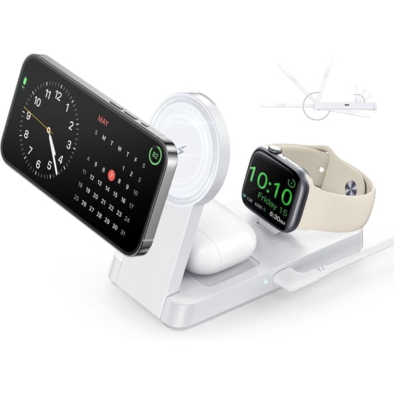 ETEPEHI 3 in 1 Charging Station - 2026 Foldable Wireless Charger Compatible for iPhone 17/16/15/14/13/12 Plus Pro Max, iWatch & AirPods, White