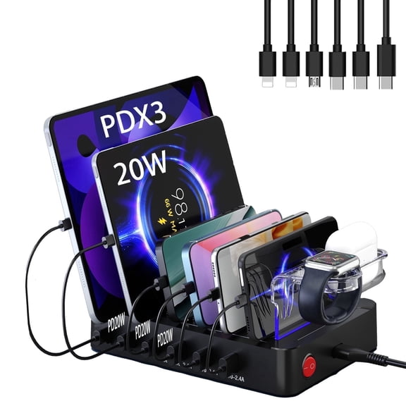 Charger Station for Multiple Devices,96W USB C 3X20W PD Fast Charger Station with 6 Mixed Charging Cables Compatible with iPhone iPad,Cell Phone,Tablets