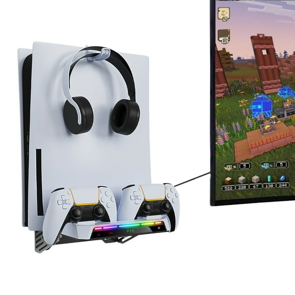 Console Charger Wall Mount Holder for PS5 & PS5 Slim Headset Hanger with RGB Light Bar-White Black