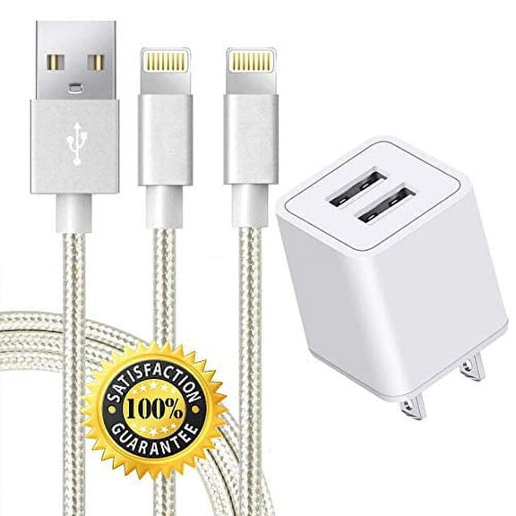 Chargers, 2.1A Power Adapter 2-Port Wall Charger with 2-Pack 6FT USB Data Charge Cable Cords Compatible with iPhone X/8 Plus/7 Plus/6S/6 Plus/6S Plus/5/5S/5C/XS/XR/XS Max/iPad/iPo Case- Silver