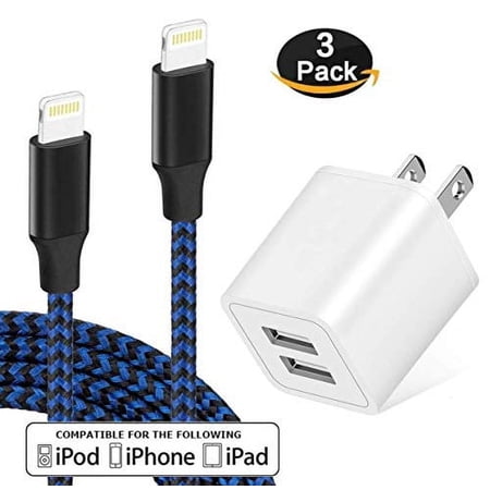 Chargers, 2.4A 2-Port USB Wall Power Adapter w/ 2-Pack 3FT + 6FT Nylon Braided USB Charging & Syncing Cord Compatible with Charger X 8 8+ 7 Plus 6S 6 Plus + Other - Black/BL