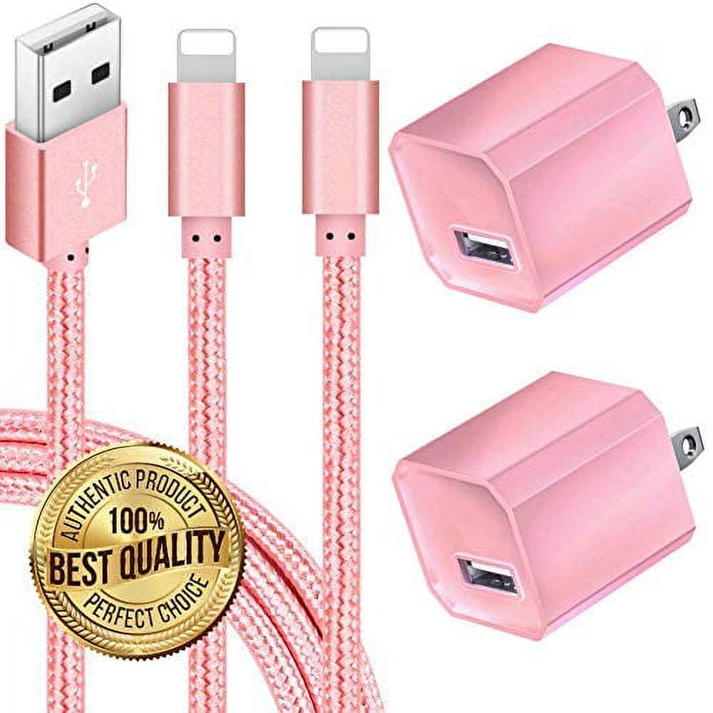 CUWIRE Chargers 5V USB Power Charger Wall Adapter 1A Cube for Plug Outlet w/ 6FT Nylon Braided Charging Pad Cable Cord Compatible with iPhone X Case/8/8 Plus/7/7 Plus/6/ 6s Plus/5s/5 - Pink