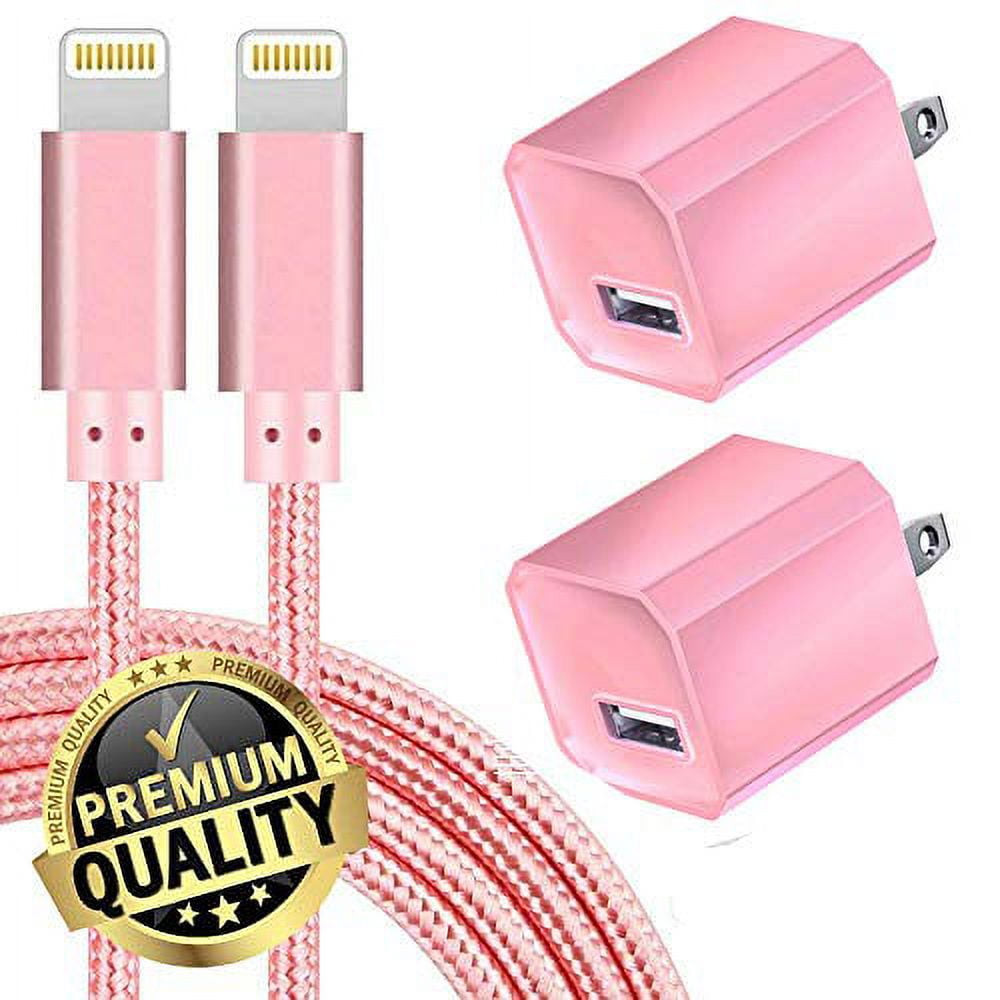 Chargers 5W USB Power Adapter Wall Charger 1A Cube for Plug Outlet w/ 3FT 1M Nylon Braided Charging Pad Cable Cord Compatible wtih iPhone X Case/8/8 Plus/7/7 Plus/6/6s Plus/5s/5,iPad Mini - Pink
