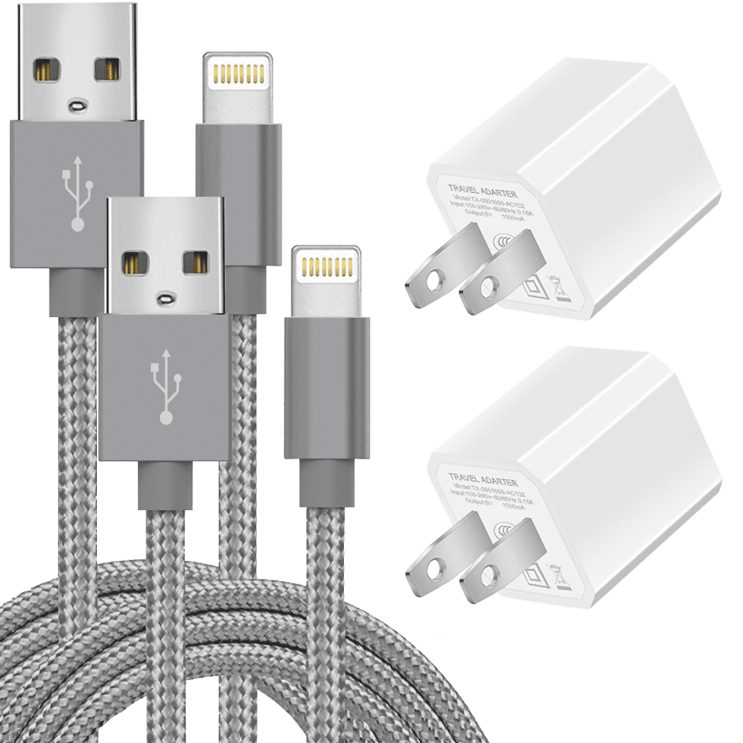 Chargers 5W USB Power Adapter Wall Charger 1A Cube for Plug Outlet w/ 3FT Nylon Braided Charging Pad Cable Cord Compatible with iPhone X Case/8/8 Plus/7/7 Plus/6/6s/5s,iPad Mini (2-Pack Grey)