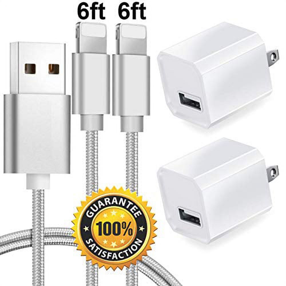 Chargers 5W USB Power Adapter Wall Charger 1A Cube for Plug Outlet w/ 6FT Nylon Braided Charging Pad Cable Cord Compatible wtih iPhone X Case/8/8 Plus/7/7 Plus/6/6s/5s,iPad Mini (2-Pack Silver)
