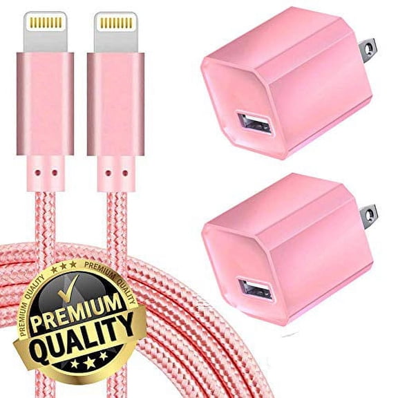 Chargers 5W USB Power Adapter Wall Charger 1A Cube for Plug Outlet w/ 6FT Nylon Braided Charging Pad Cable Cord Compatible wtih iPhone X Case/8/8 Plus/7/7 Plus/6/6s Plus/5s/5,iPad Mini - Pink