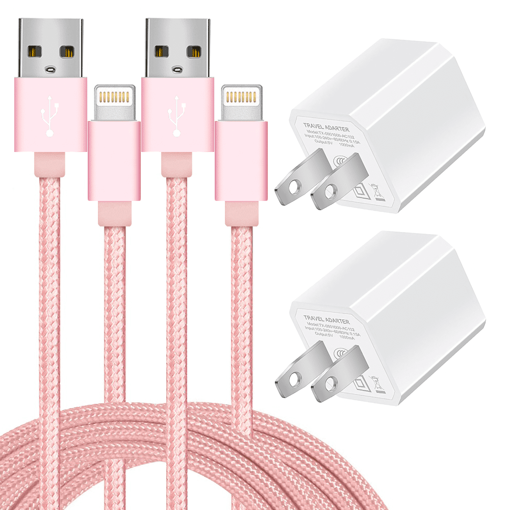 Chargers 5W USB Power Adapter Wall Charger 1A Cube for Plug Outlet w/ 6FT Nylon Braided Charging Pad Cable Cord Compatible wtih iPhone X Case/8/8 Plus/7/7 Plus/6/6s/5s,iPad Mini (2-Pack Pink)