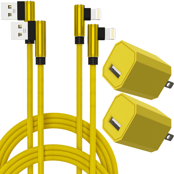 Chargers 5W USB Power Adapter Wall Charger 1A Cube for Plug Outlet w/ 6FT Nylon Braided Sync & Charger Cord Compatible for iPhone 8 / X / 7 / 6S / Plus + More (Yellow) 2-Pack