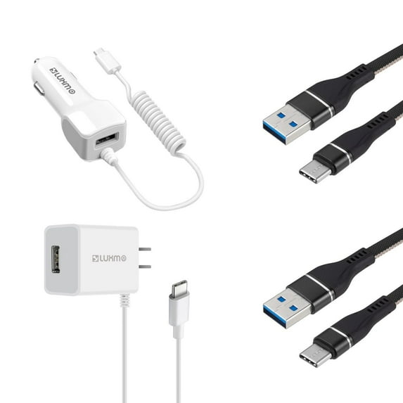 Chargers for Samsung Galaxy A10e - Luxmo 10W/2.1A High Power Fast Charging Type-C Car Charger and Wall Charger (Extra USB Port, Built-in Smart IC Chip), USB Cables and Atom Wipe - White