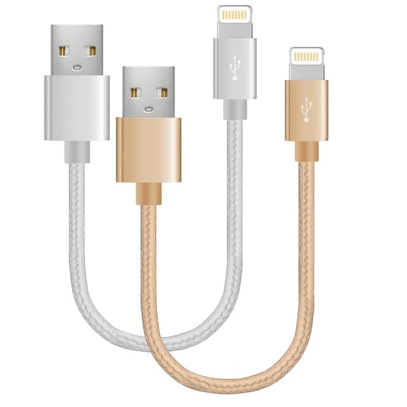 Chargers, Short Nylon Braided Fast Charging Cord, Data Sync Short Cable USB Powered Compatible with Apple iPhone, iPod Mobile Digital Device, Charging Station, Black, Gold 10-inch, 2-Pack