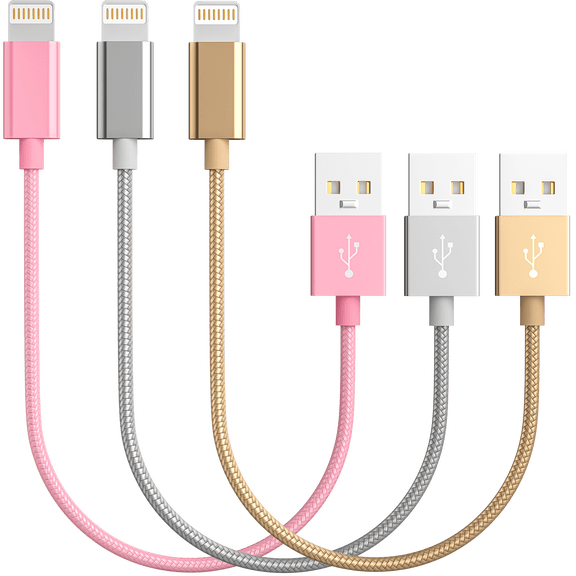 Chargers, Short Nylon Braided Fast Charging Cord, Data Sync Short Cable USB Powered Compatible with Apple iPhone, iPod Mobile Digital Device, Charging Station, Pink, Grey, Gold 10-inch, Pack of 3