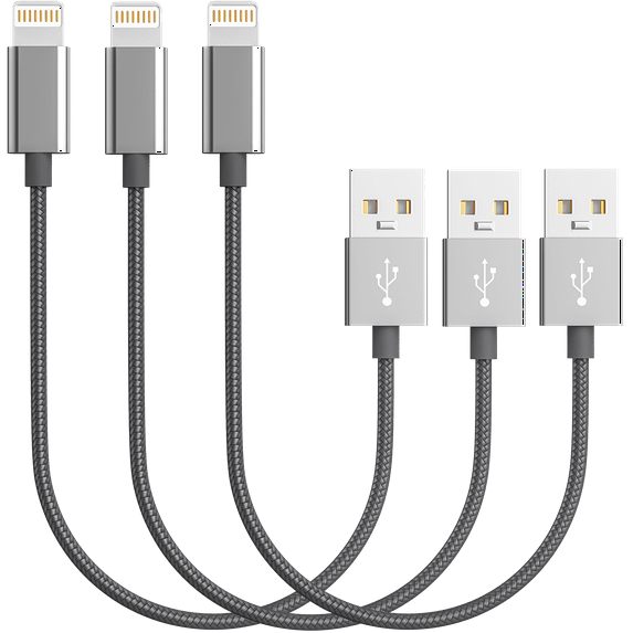 Chargers, Short Nylon Braided Fast Charging Cords, Data Sync Short Cable USB Powered Compatible with Apple iPhone, iPod Mobile Digital Device, Charging Station, Grey, 10-inch, Pack of 3