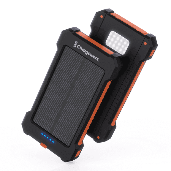 ChargeWorx Solar Power Bank 10,000mAh, Portable Charger with USB-C & Dual USB-A Outputs, Solar Panel, LED Flashlight, IPX4 Waterproof External Battery Pack for iPhone, Android, Outdoor Travel