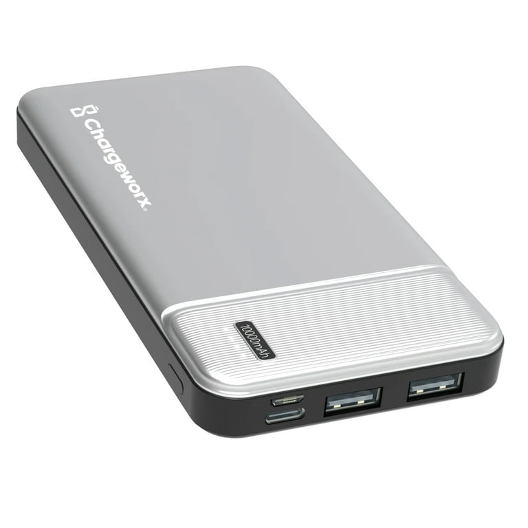 ChargeWorx Dual USB Glass Power Bank (10,000 mAh, Silver)