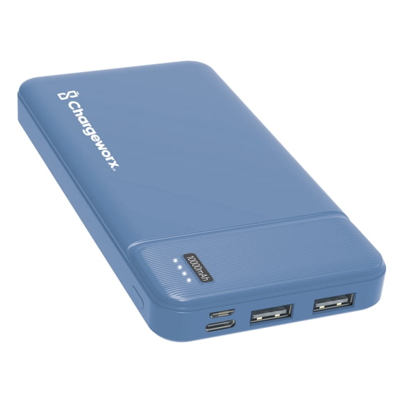 Chargeworx 10000mAh Power Bank – Portable Charger with Triple Output | USB-C, Micro USB & USB Ports | Up to 75 Extra Hours | Compact External Battery Pack for Phones, Tablets & Mor