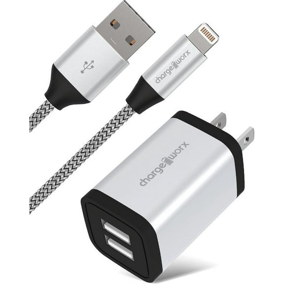 Chargeworx 2.4A Dual USB Metal Wall Charger and 6' Lightning Cable - Silver