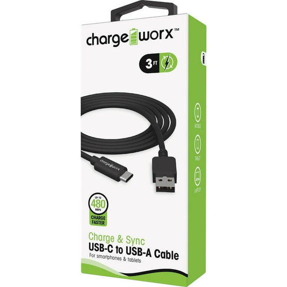 Chargeworx 3ft USB-C to USB-A Sync and Charge Cable - Black