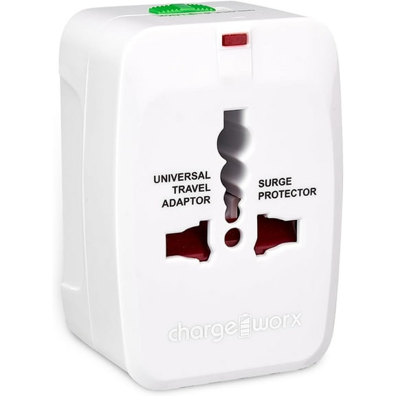 ChargeWorx International Power-Adapter Plug with Built-in US, EU, and UK Plugs, Portable European Travel Plug Adapter with Surge Protector and LED Power Light, Works in Over 150 Countries
