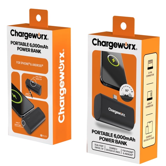 Chargeworx CX6922 6,000mAh Portable Power Bank with Built-In USB-C & Lightning Connectors, Fast Charging Battery Pack with Swivel Tip, Dual Device Charging & Built-In Stand, Black