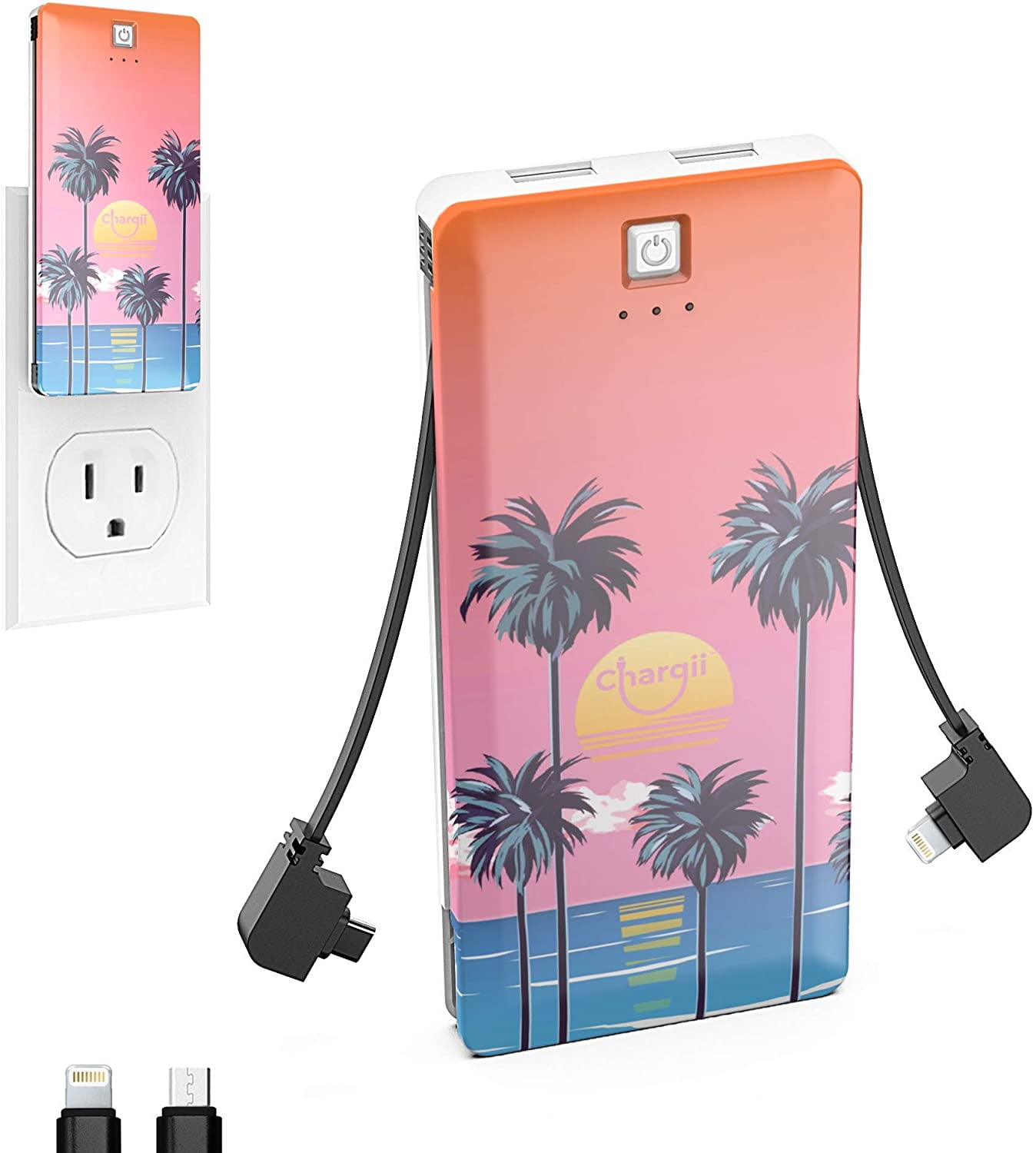 Chargii Beach Portable Battery Charger Built in Cable Compatible with iPhone Compatible Wall Plug AC Adapter USB-C + 2 USB Ports, Compact External Powerbank Cell Phone Compatible with iPhone, Android