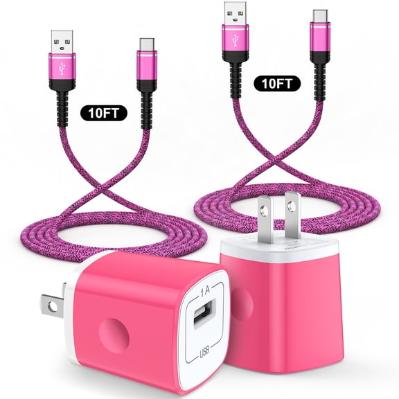Charging Block, 2 Pack Type C Charger Block with 10FT USB C Cable, USB C Block Fast Charging Station Wall Charger Plug Brick Cube w/Type C Charging Cable Compatible for iPhone Samsung Android, Pink