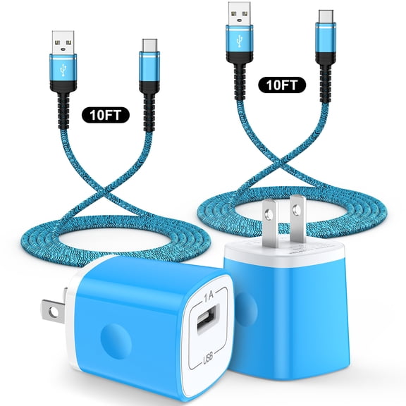 Charging Block, 2 Pack Type C Charger Block with 10FT USB C Cable, USB C Block Fast Charging Station Wall Charger Plug Brick Cube w/Type C Charging Cable Compatible for iPhone Samsung Android, Blue