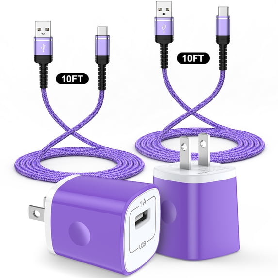 Charging Block, 2 Pack Type C Charger Block with 10FT USB C Cable, USB C Block Fast Charging Station Wall Charger Plug Brick Cube w/Type C Charging Cable Compatible for iPhone Samsung Android, Purple
