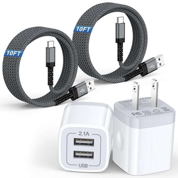Charging Block, 2 Pack USB Wall Charger with 10FT Type C Charging Cable USB C Cable Phone Cables, Dual Port Phone Charger Android Charger Fast Charger Block USB Plug Adapter USB Charging Block, Grey