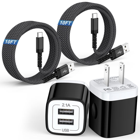 Charging Block, 2 Pack USB Wall Charger with 10FT Type C Charging Cable USB C Cable Phone Cables, Dual Port Phone Charger Android Charger Fast Charger Block USB Plug Adapter USB Charging Block, Black
