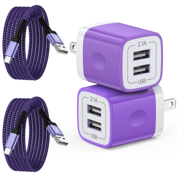 Charging Block, 2 Pack USB Wall Charger with 10FT Type C Charging Cable USB C Cable Phone Cables, Dual Port Phone Charger Android Charger Fast Charger Block USB Plug Adapter USB Charging Block,Purple