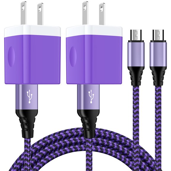 Charging Block, 2 Pack Wall Charger Adapter with 6FT Micro USB Charging Cable, Android Charger Block USB Brick Cube Charger Station Power Base USB Micro Cable Compatible for Samsung Android, Purple