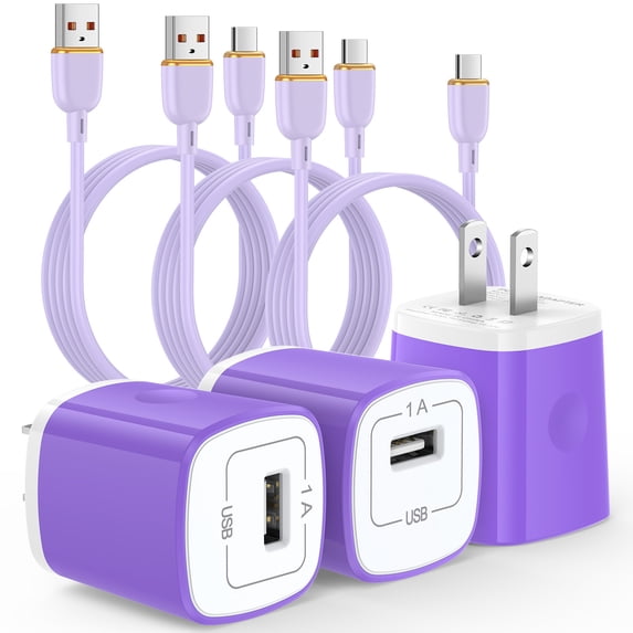 Charging Block, 3 Pack Type C Charger Block with 6FT USB C Charging Cable, Type C Block USB C Wall Charger Fast Charging Station Android Phone Charger Compatible for iPhone Samsung Android, Purple