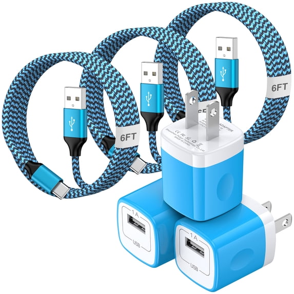 Charging Block, 3 Pack USB C Charger Block with 6FT Type C Cable, Type C Block USB C Brick Cube Wall Charger Adapter Power Base Fast Charger Station Compatible for iPhone Samsung Android, Blue