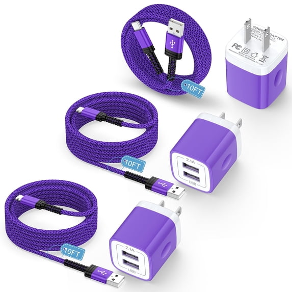 Charging Block, 3 Pack USB Wall Charger with 10FT Type C Charging Cable Cord USB C Cable Phone Cables, Dual Port Phone Charger Android Charger Block USB Plug Adapter USB Charging Block, Purple