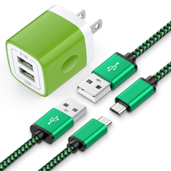 Charging Block, Dual Port USB Wall Charger with 2pcs Micro USB Cable 6FT, Android Charger Block Power Station USB Brick Cube with USB Micro Cable Compatible for Samsung Android, Green