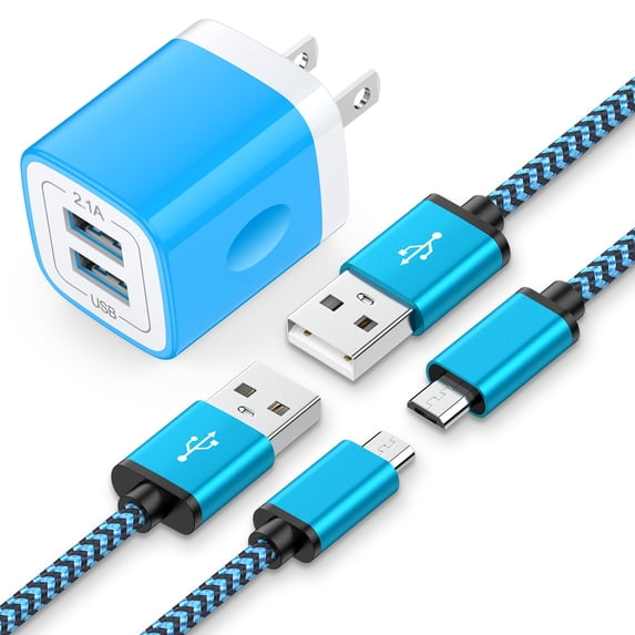 Charging Block, Dual Port USB Wall Charger with 2pcs Micro USB Cable 6FT, Android Charger Block Power Station USB Brick Cube with USB Micro Cable Compatible for Samsung Android, Blue