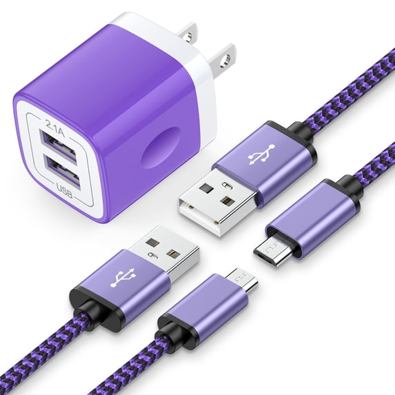 Charging Block, Dual Port USB Wall Charger with 2pcs Micro USB Cable 6FT, Android Charger Block Power Station USB Brick Cube with USB Micro Cable Compatible for Samsung Android, Purple