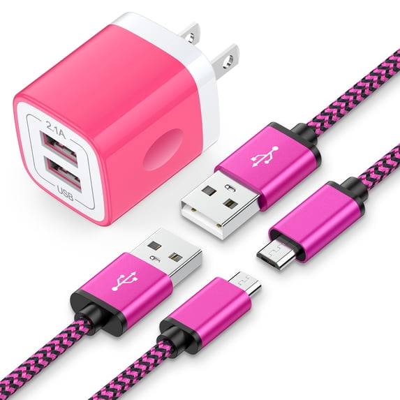 Charging Block, Dual Port USB Wall Charger with 2pcs Micro USB Cable 6FT, Android Charger Block Power Station USB Brick Cube with USB Micro Cable Compatible for Samsung Android, Pink