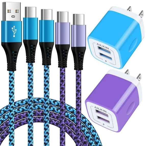 Charging Block,Type C Charger Block Fast Charging AILKIN 2PCS Dual Port Charger Block with 4PCS Type C Charging Cables 6ft USB C Cables Wall Charger Block Plug Android Charger Phone Cords Type C