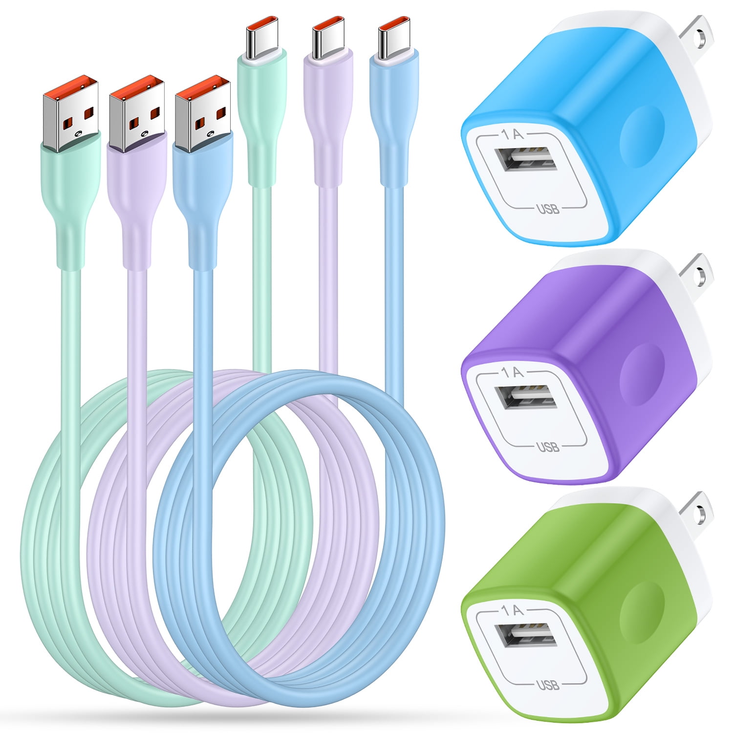 Charging Block,Type C Charger Block Fast Charging HopePow 3PCS 1A/5V Usb Wall Charger Block Adapter Plug with 3PCS Type C Charging Cables 6ft USB C Cable High Speed Android Charger Phone Cords Type C