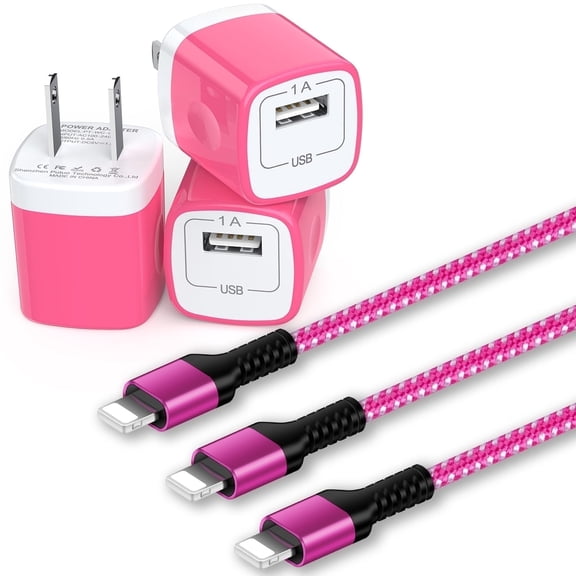 Compatible for iPhone Charger Fast Charging, Bioonis 3pcs Charger Block with 6ft Charging Cable,USB Wall Charger Adapter Plug USB Brick Cube Box Fast Charging Station Compatible for iPhone, Pink