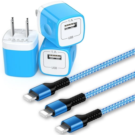 Compatible for iPhone Charger Fast Charging, Bioonis 3pcs Charger Block with 6ft Charging Cable,USB Wall Charger Adapter Plug USB Brick Cube Box Fast Charging Station Compatible for iPhone, Blue