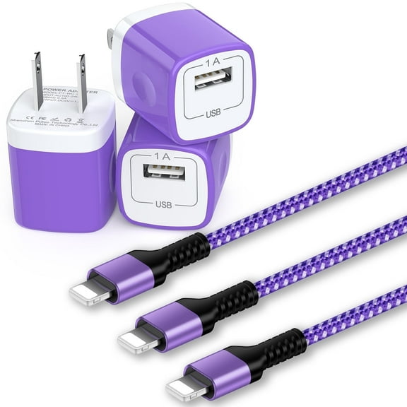 Compatible for iPhone Charger Fast Charging, Bioonis 3pcs Charger Block with 6ft Charging Cable,USB Wall Charger Adapter Plug USB Brick Cube Box Fast Charging Station Compatible for iPhone, Purple