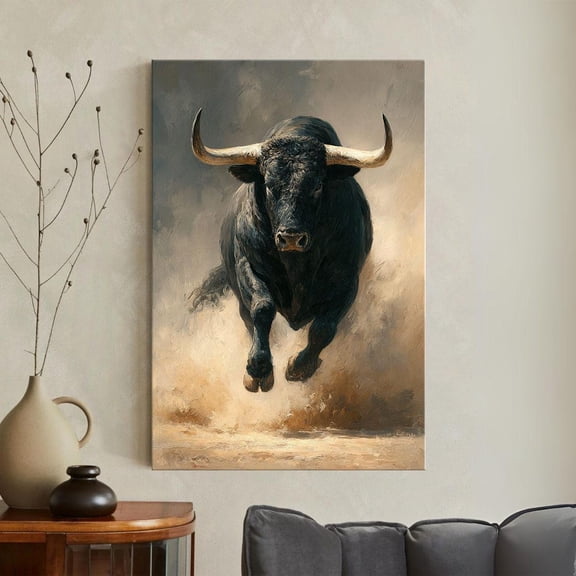 Charging Bull Print Black Bull Wall Art Western Ranch Decor Masculine Office, Stretched Canvas 16x20in